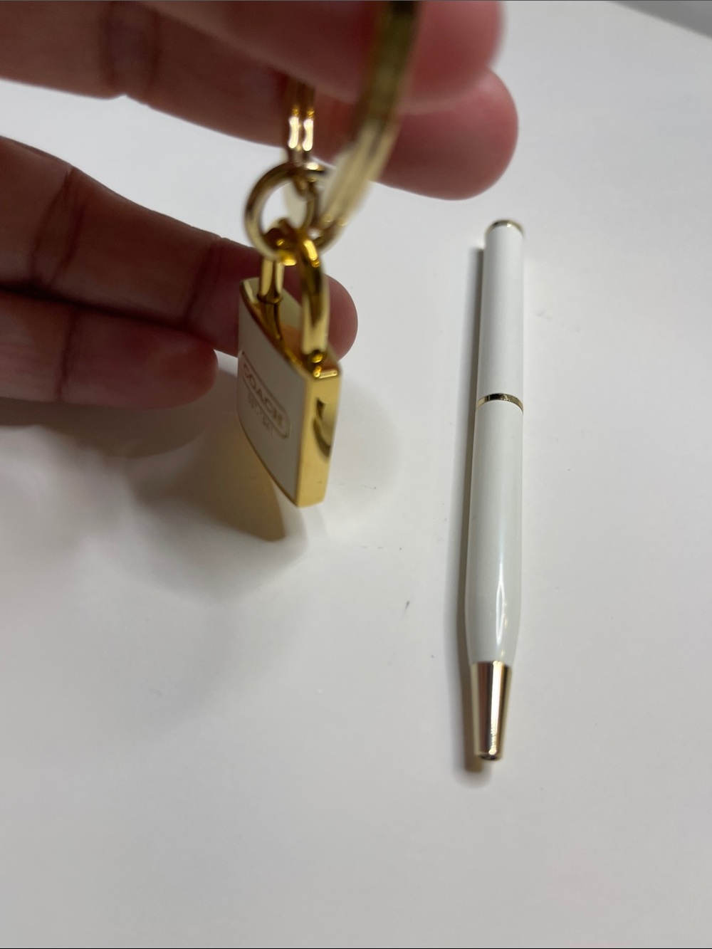 Coach Gold and White Enamel Padlock Key Ring and Coach Pen - Picture 3 of 7